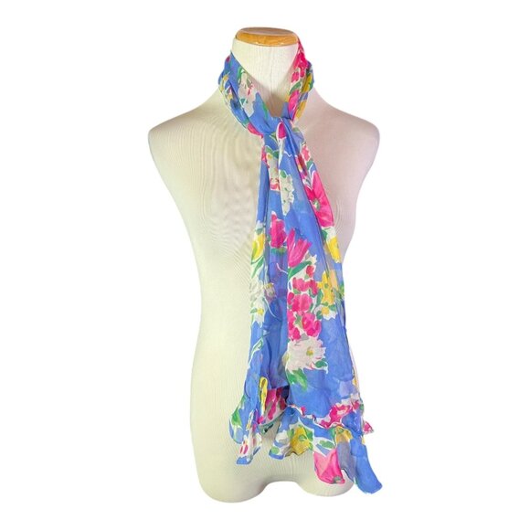 LAUREN Ralph Lauren Sheer Crepe Silk Scarf Ruffled Floral - Picture 1 of 9
